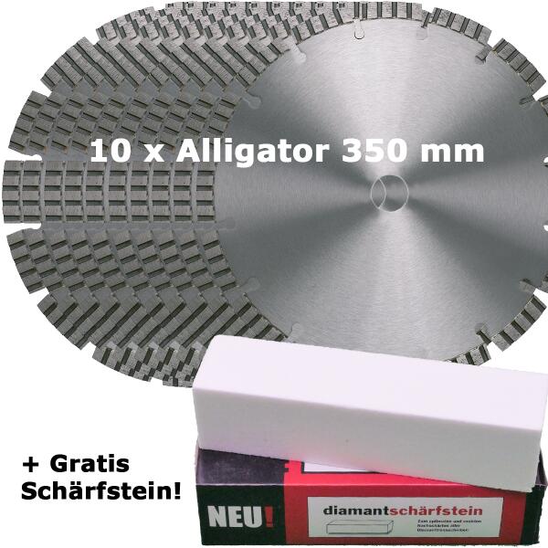 10 x Diamanttrennscheibe Alligator 350/20 mm + 1 x Gratis Schärfstein 50*50*200 mm 
